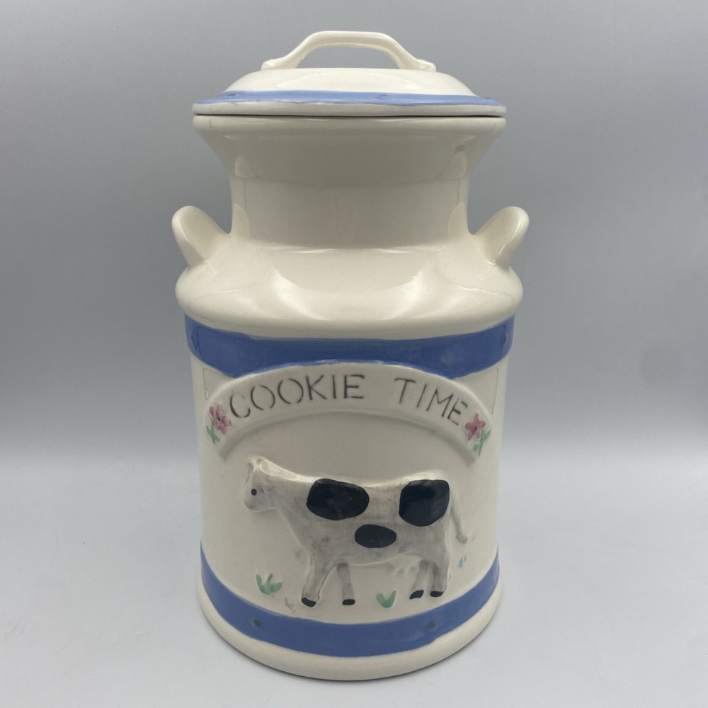 Vintage Treasure Time Cookie Time Ceramic Milk Can Cookie Jar With 3D Cow  11.5"